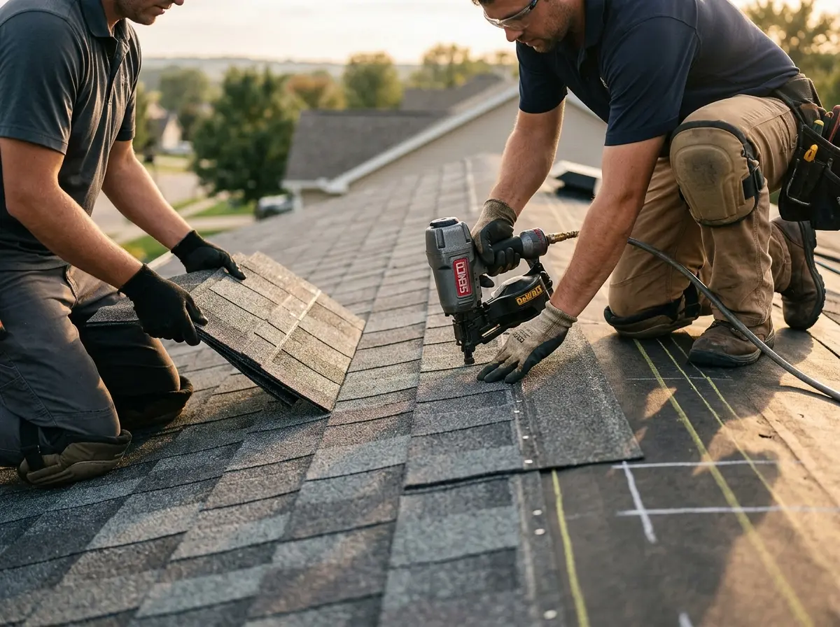 Professional roofer working on a residential roof in Barling